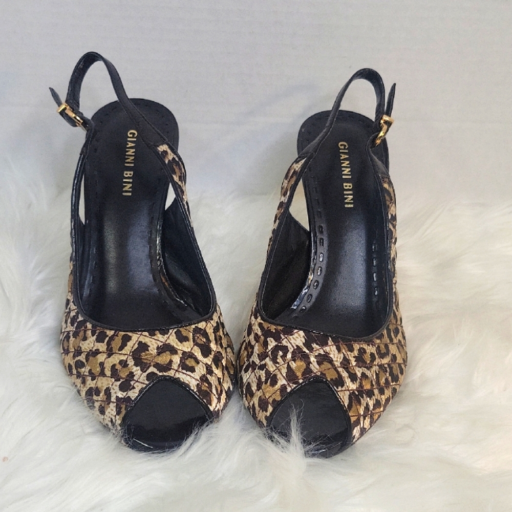 GIANNI BINI‎ Leopard Print Open Toe Quilted Slingback Heels Size 8.5
